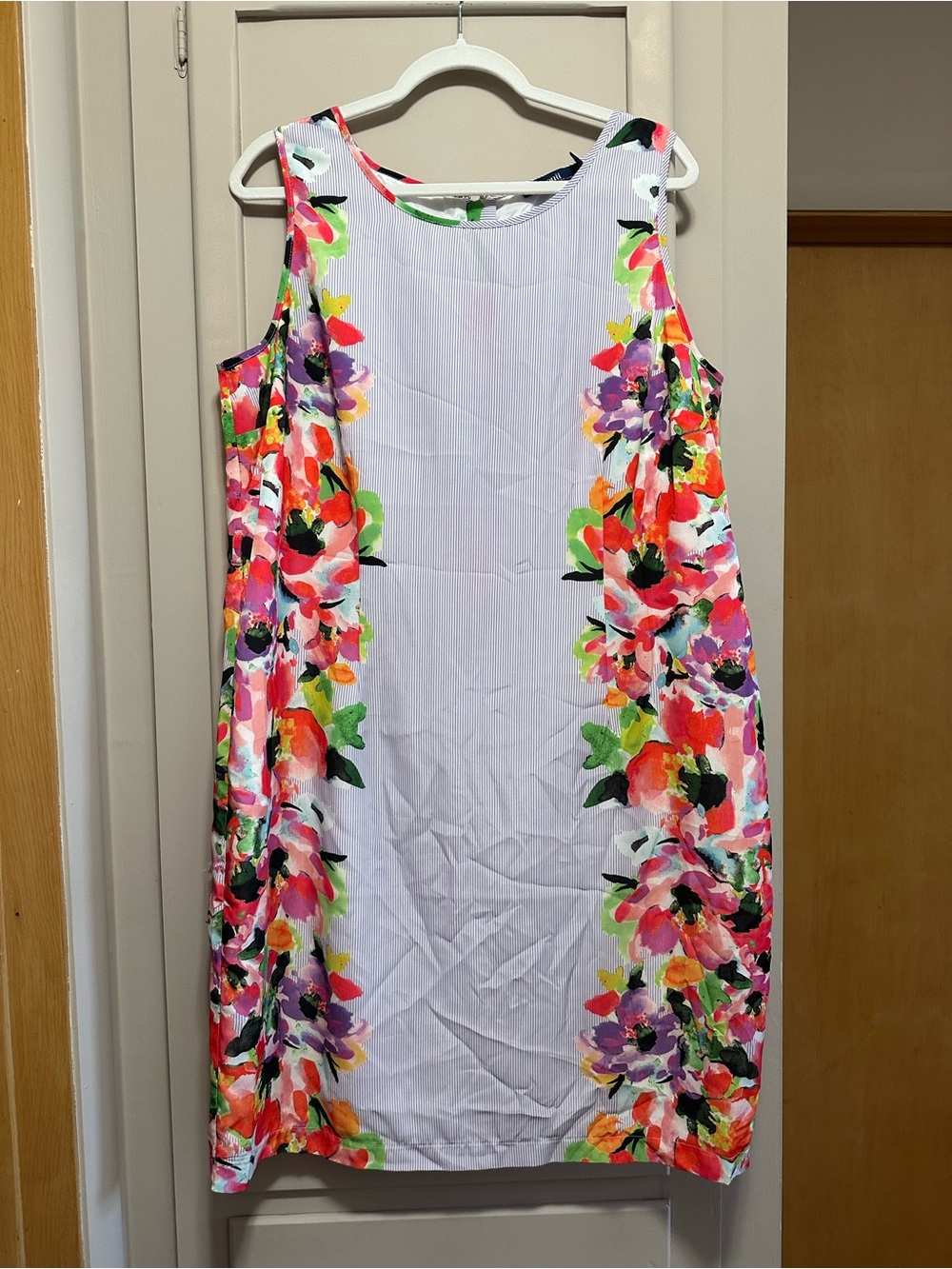Eloquii Striped Floral-Trim Sleeveless Dress in Lavender and White, Floral